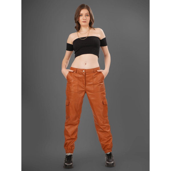 Rust Brown Cargo Leather Joggers
