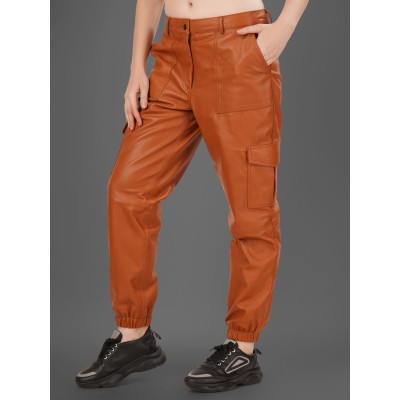 Rust Brown Cargo Leather Joggers – Trendy & Functional | Stylish & Durable