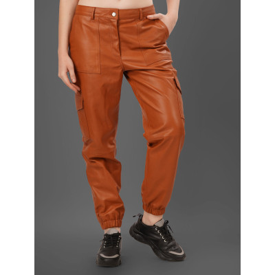 Rust Brown Cargo Leather Joggers – Trendy & Functional | Stylish & Durable