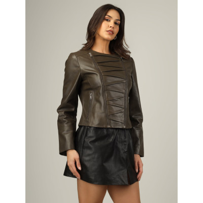 Women’s Eclipse Olive Panel Leather Jacket – Stylish & Modern