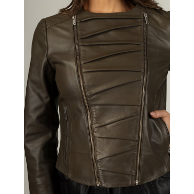 Women’s Eclipse Olive Panel Leather Jacket – Stylish & Modern