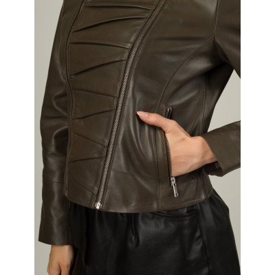 Women’s Eclipse Olive Panel Leather Jacket – Stylish & Modern