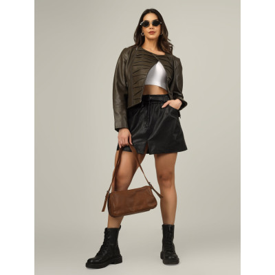 Women’s Eclipse Olive Panel Leather Jacket – Stylish & Modern