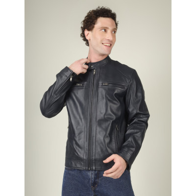 Men's Navy Blue Leather Jacket – Classic Modern Style | Best Price