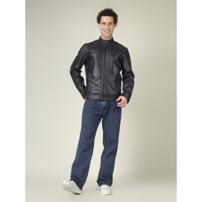 Men's Navy Blue Leather Jacket – Classic Modern Style | Best Price