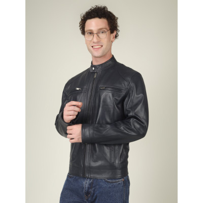 Men's Navy Blue Leather Jacket – Classic Modern Style | Best Price