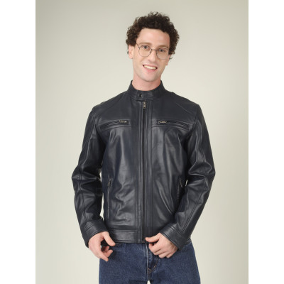 Men's Navy Blue Leather Jacket – Classic Modern Style | Best Price