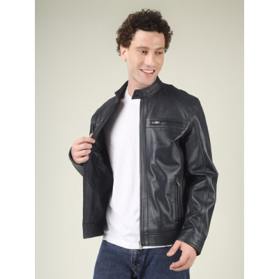 Men's Navy Blue Leather Jacket – Classic Modern Style | Best Price