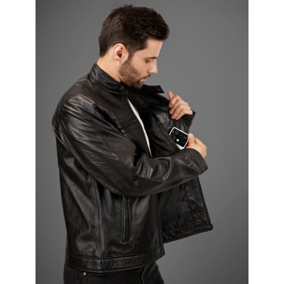 Black Leather Racer Jacket pure 100% Genuine Lambskin Leather