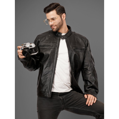 Black Leather Racer Jacket pure 100% Genuine Lambskin Leather