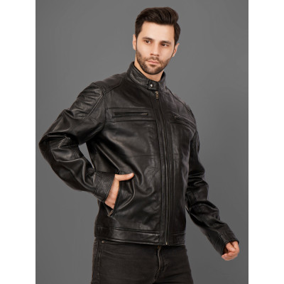 Black Leather Racer Jacket pure 100% Genuine Lambskin Leather