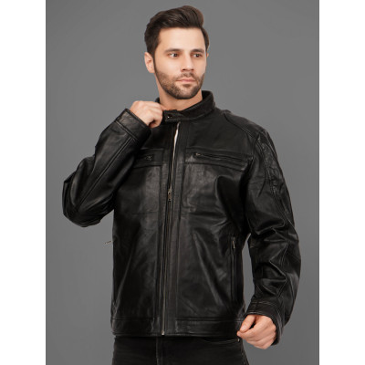 Black Leather Racer Jacket pure 100% Genuine Lambskin Leather