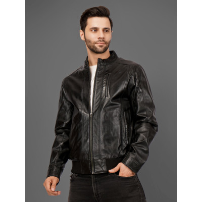 Men’s Black Bomber Leather Jacket | Modern Fit | 100% Genuine Leather