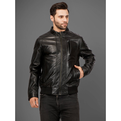 Men’s Black Bomber Leather Jacket | Modern Fit | 100% Genuine Leather