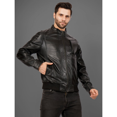 Men’s Black Bomber Leather Jacket | Modern Fit | 100% Genuine Leather