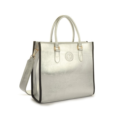 Platinum Glow Metallic Tote Bag – Stylish Silver Handbag for Women