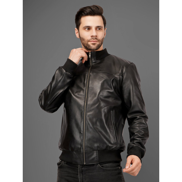 Stand collar Leather Jacket